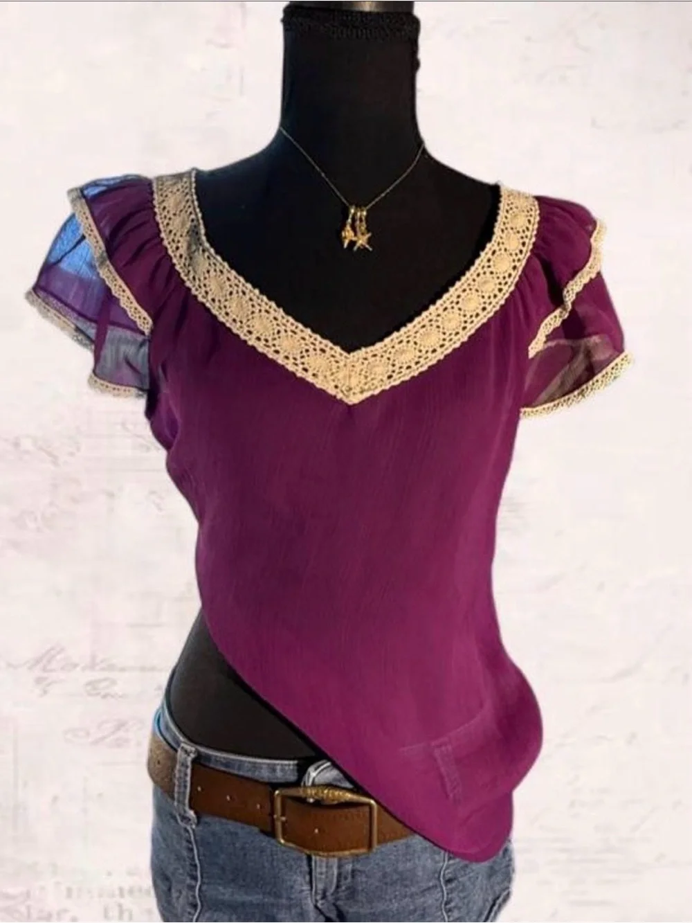 a.n.a Purple Crochet-Trim Sheer Flutter Sleeve Blouse